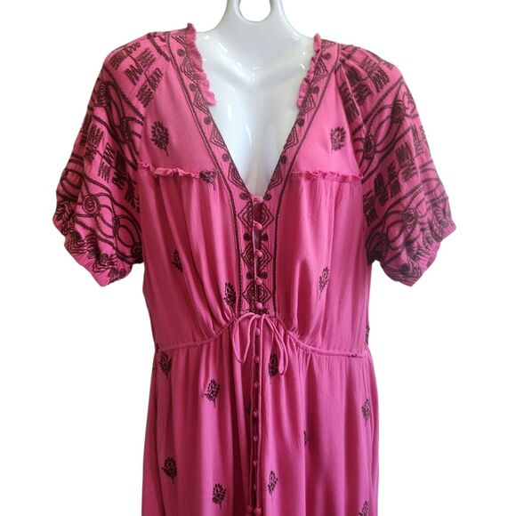 Free People Boho Maxi Dress-Contrast Embroidery-Crinkle-Fuchsia-Puffy Sleeves-L - Picture 2 of 15